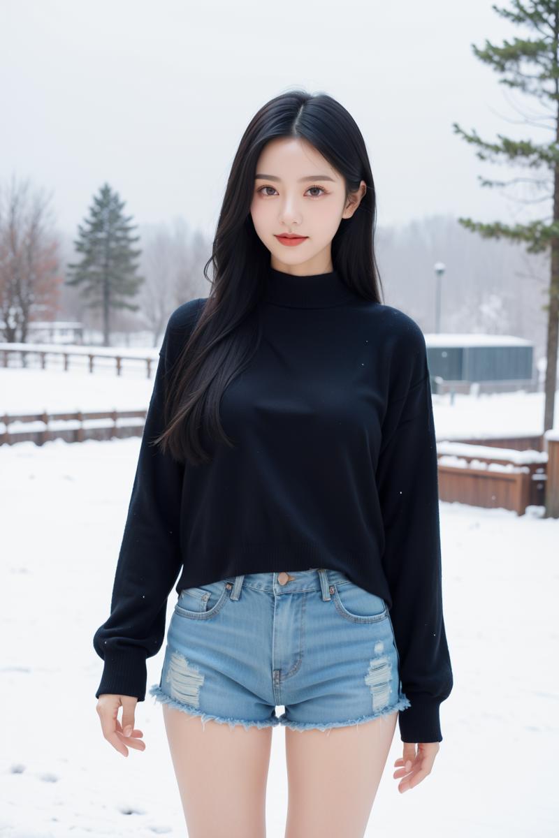 00212-164271417-In the cold winter,a beautiful girl stands gracefully in a black sweater and denim shorts. She has black hair and vibrant purple.png